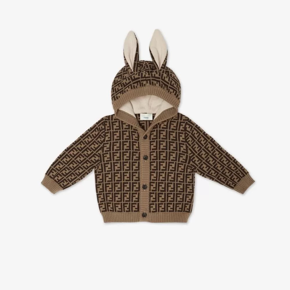 Fendi Baby Junge<Baby-Cardigan Aus Baumwolle Und Kaschmir Mit Tabakfarbenen Ff-Ohren Und Logo