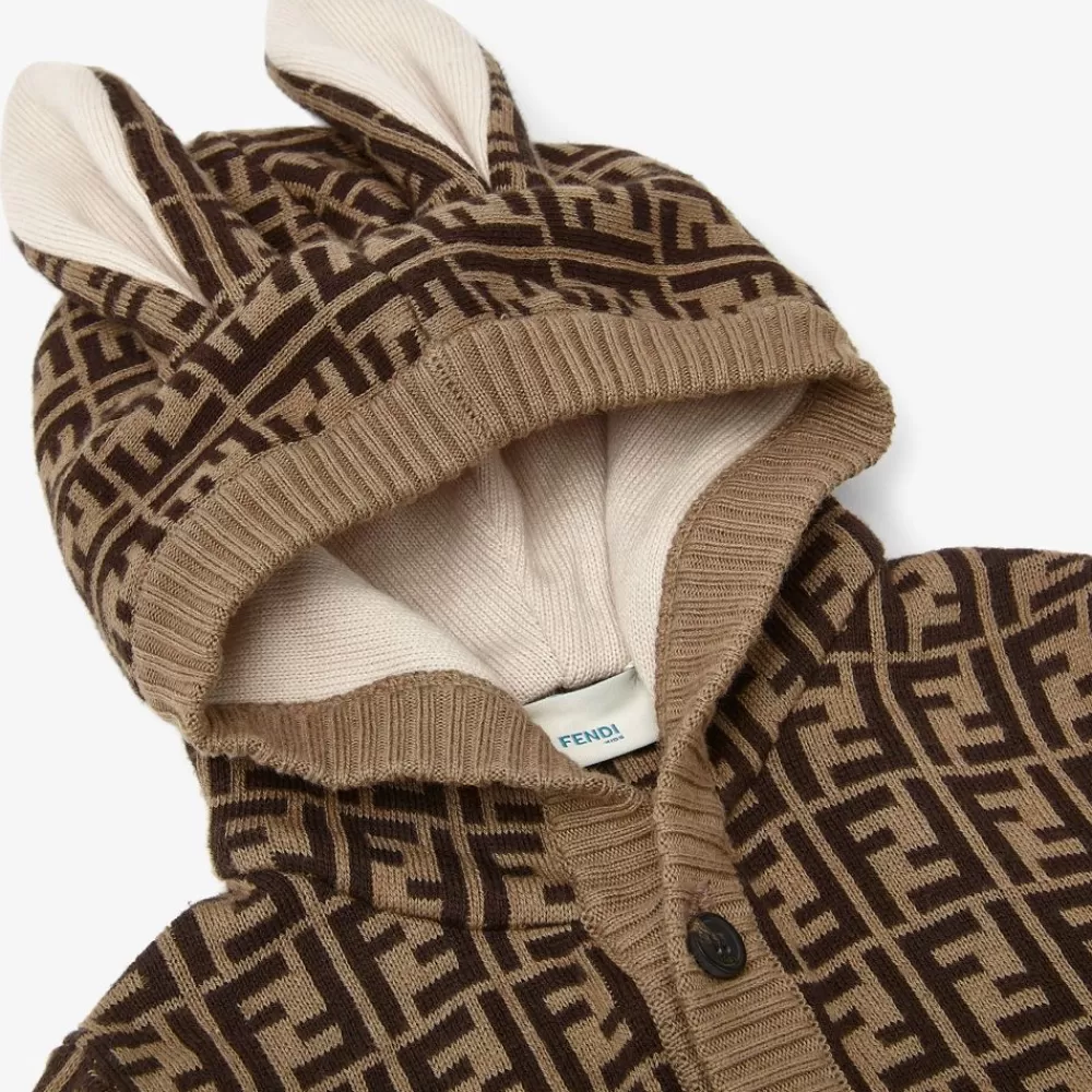 Fendi Baby Junge<Baby-Cardigan Aus Baumwolle Und Kaschmir Mit Tabakfarbenen Ff-Ohren Und Logo