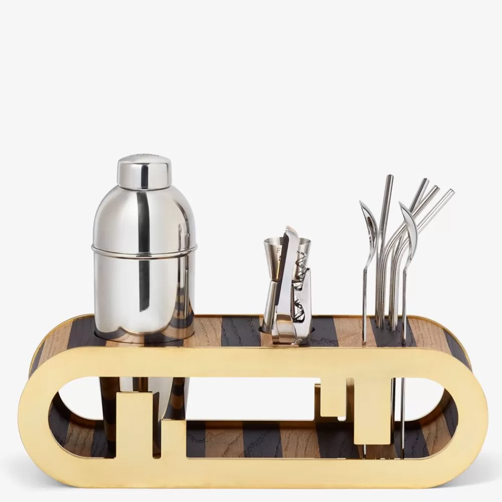 Fendi Tafelgeschirr<Barset Aus Holz Mit Pequinstreifen Und Goldfarbenem Metall
