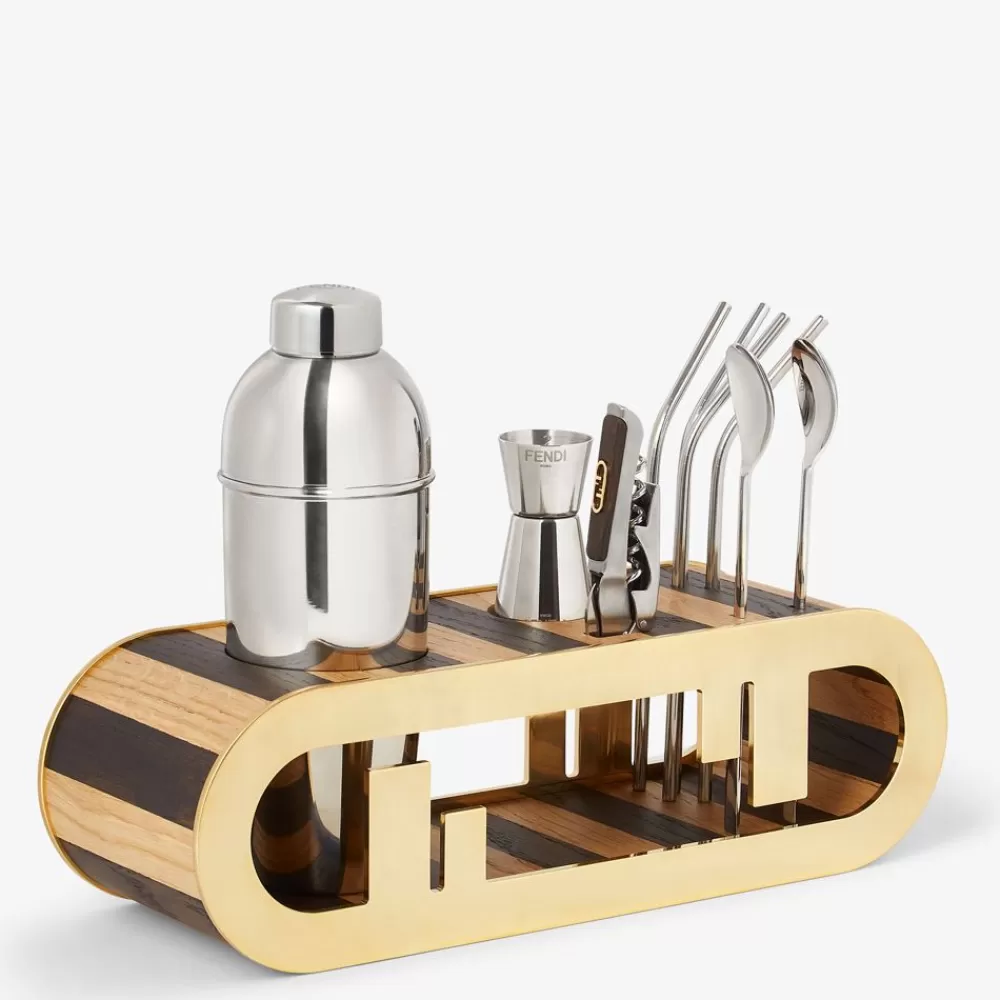 Fendi Tafelgeschirr<Barset Aus Holz Mit Pequinstreifen Und Goldfarbenem Metall