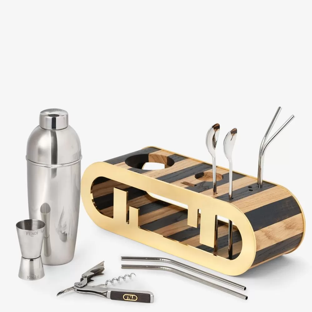 Fendi Tafelgeschirr<Barset Aus Holz Mit Pequinstreifen Und Goldfarbenem Metall