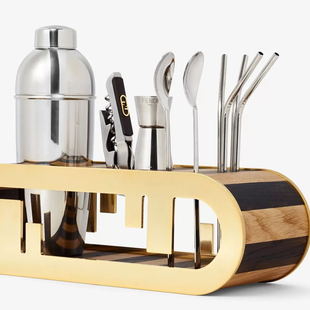 Fendi Tafelgeschirr<Barset Aus Holz Mit Pequinstreifen Und Goldfarbenem Metall