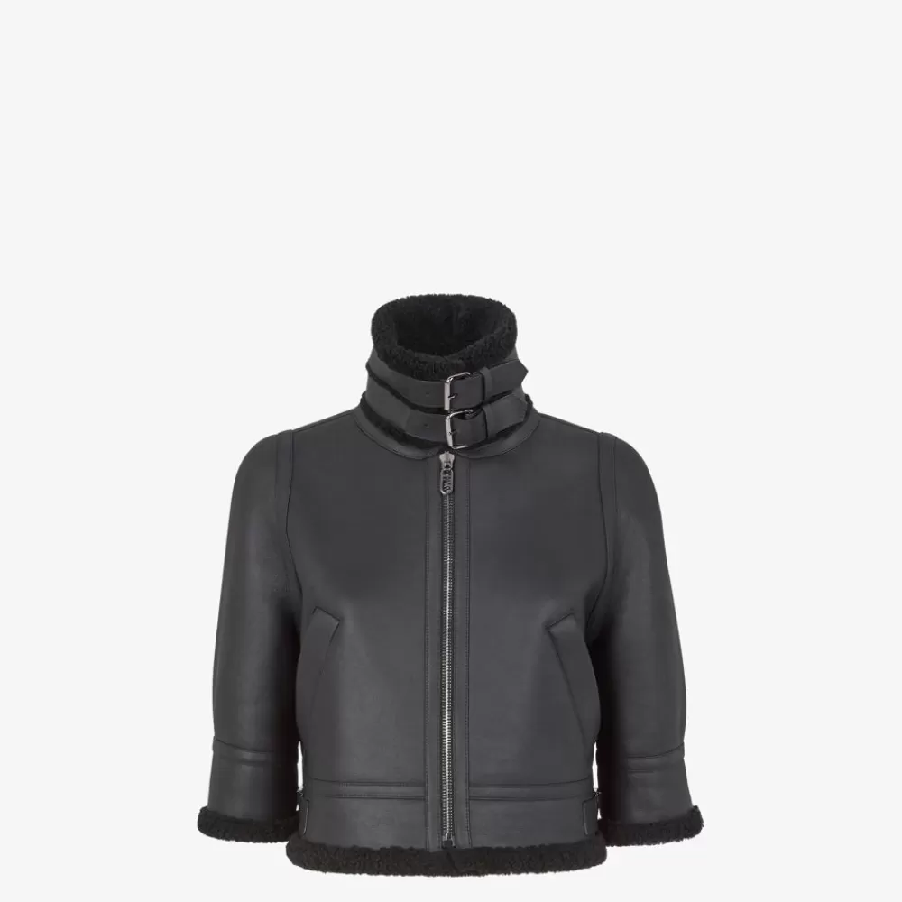 Fendi Mantel Und Oberbekleidung<Bomberjacke Aus Schwarzem Leder Und Shearling