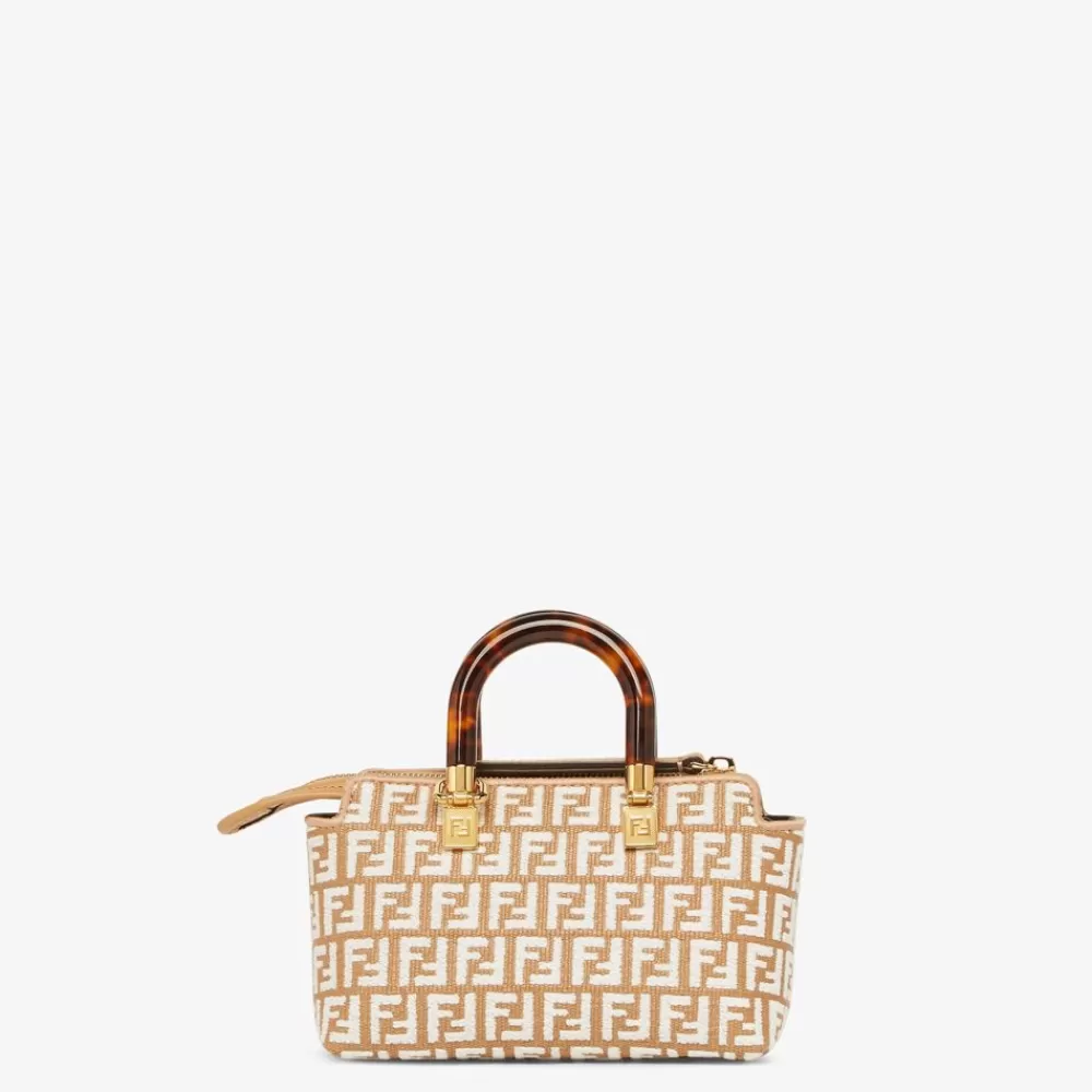 Fendi Mini-Taschen<Boston Bag Aus Raffia-Bast Mit Ff-Muster Aus Gobelingewebe In Weis