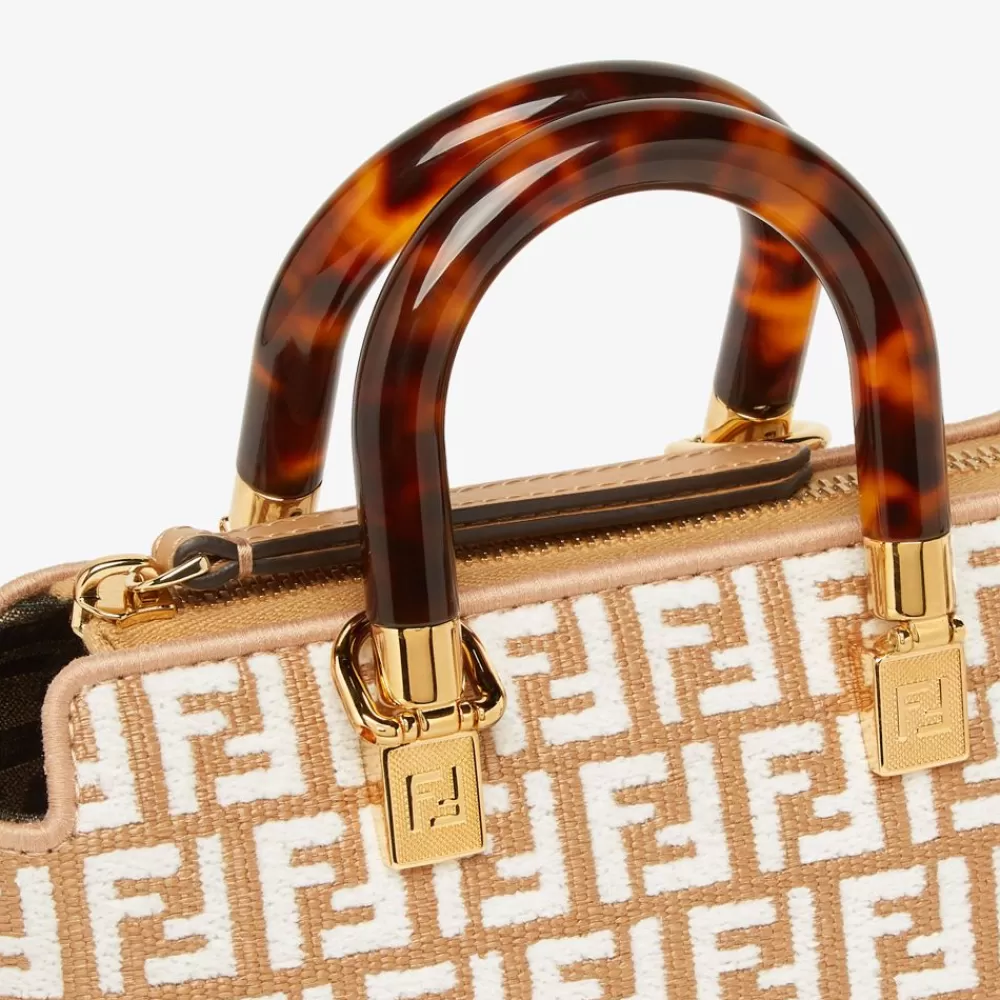 Fendi Mini-Taschen<Boston Bag Aus Raffia-Bast Mit Ff-Muster Aus Gobelingewebe In Weis