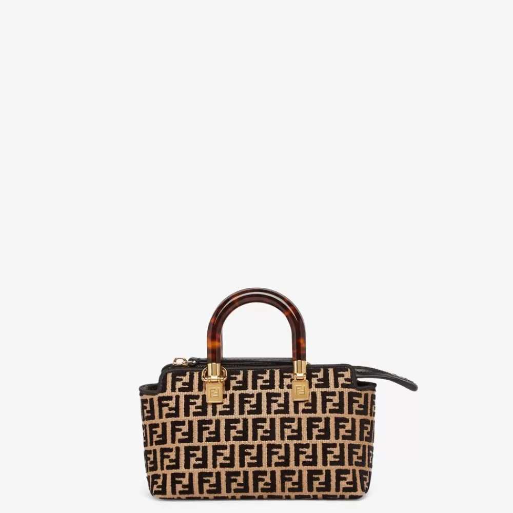 Fendi Mini-Taschen<Boston Bag In Kleiner Grose Aus Raffia-Bast Mit Ff-Muster Aus Gobelingewebe In Schwarz