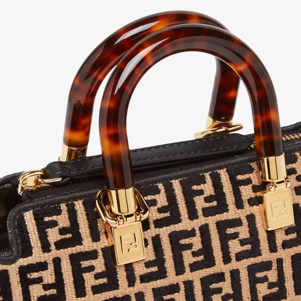 Fendi Mini-Taschen<Boston Bag In Kleiner Grose Aus Raffia-Bast Mit Ff-Muster Aus Gobelingewebe In Schwarz