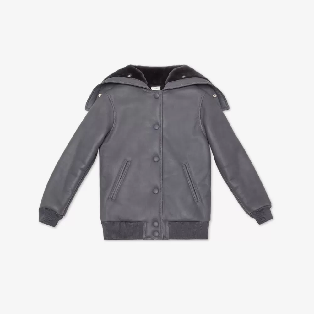 Fendi Ready To Wear<Junior-Bomberjacke Aus Shearling In Grau Mit Logo