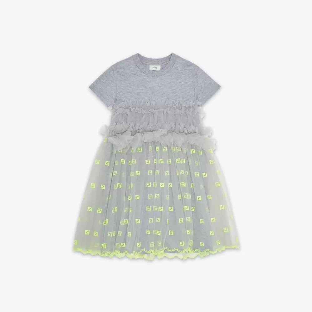 Fendi Ready To Wear<Junior-Kleid Aus Jersey Und Tull In Grau Und Fluoreszierendem Gelb