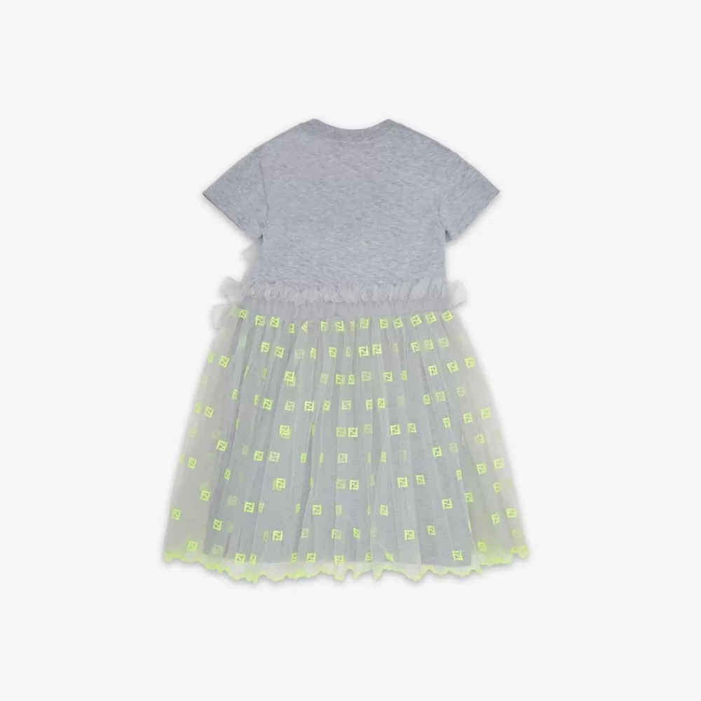 Fendi Ready To Wear<Junior-Kleid Aus Jersey Und Tull In Grau Und Fluoreszierendem Gelb