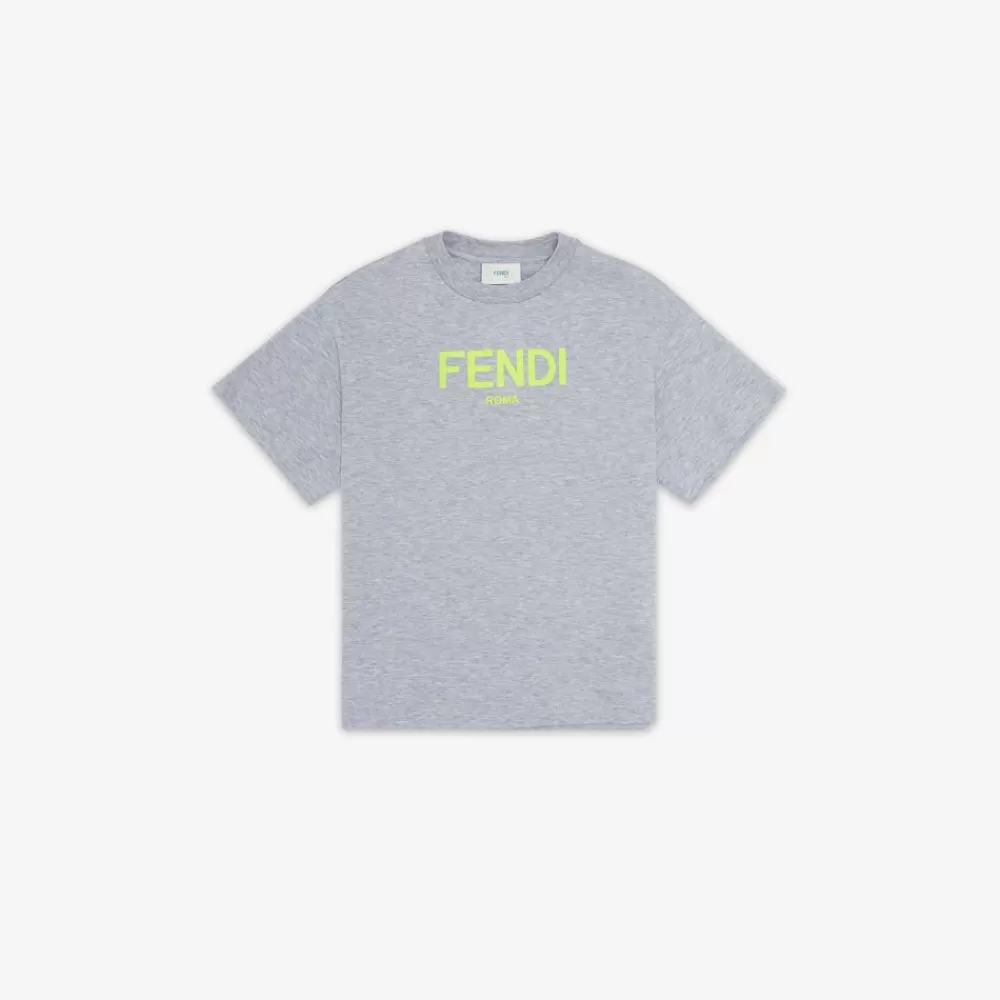 Fendi Ready To Wear<Junior-T-Shirt Aus Jersey In Grau Mit Fluoreszierendem Aufdruck