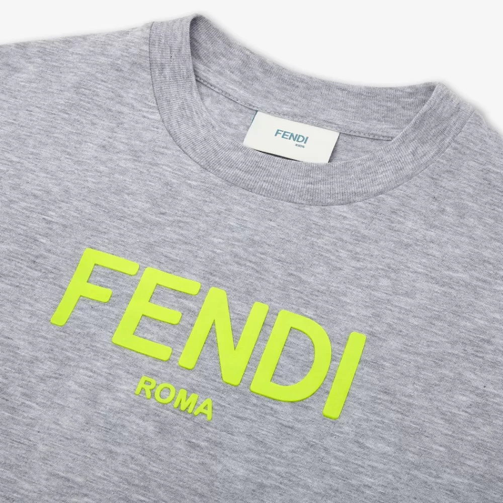 Fendi Ready To Wear<Junior-T-Shirt Aus Jersey In Grau Mit Fluoreszierendem Aufdruck