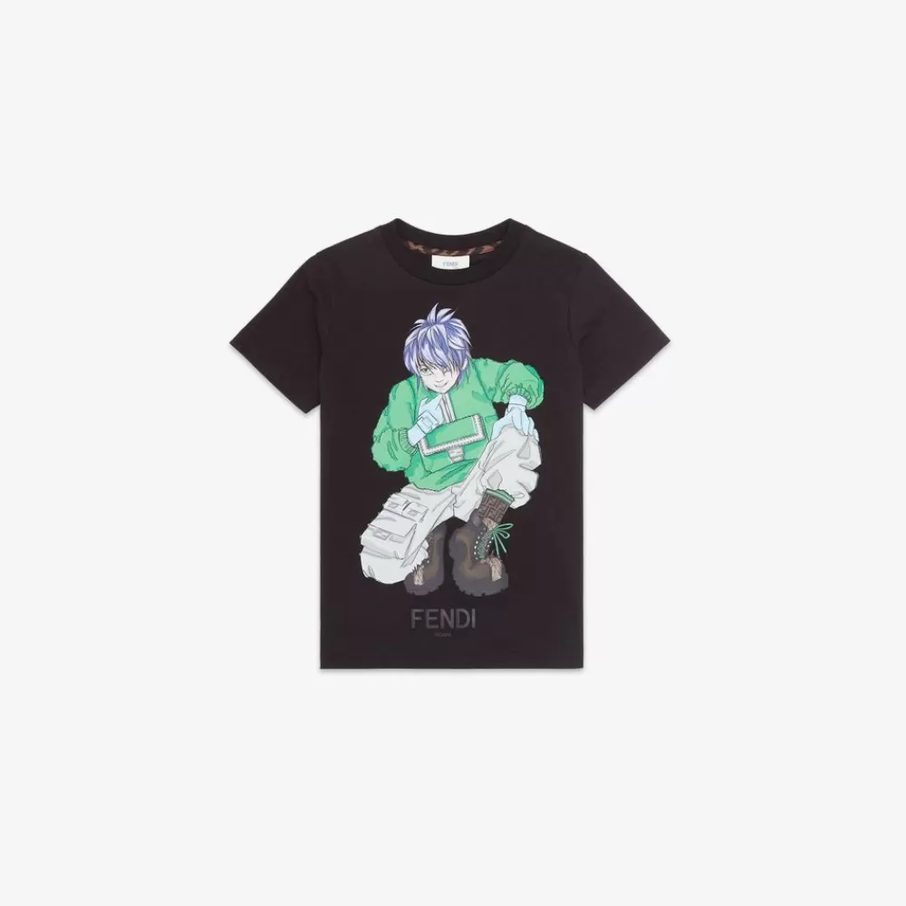 Fendi Ready To Wear<Junior-T-Shirt Aus Jersey In Schwarz, Mehrfarbig