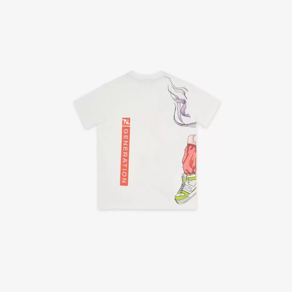 Fendi Ready To Wear<Junior-T-Shirt Aus Jersey In Weis, Mehrfarbig