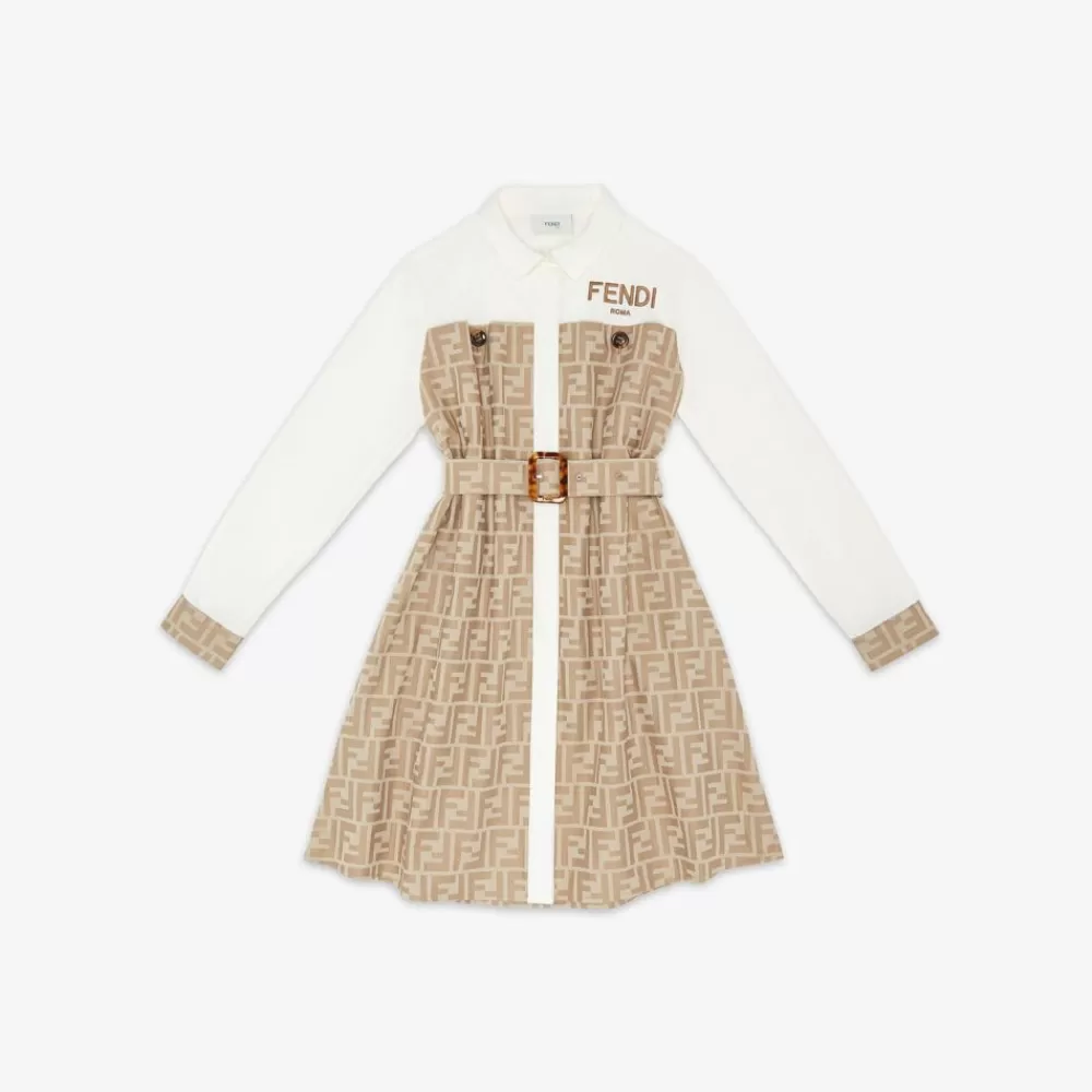 Fendi Ready To Wear&lt;Kleid Aus Weiser Und Beigefarbener Baumwolle Und Popeline Mit Ff-Motiv