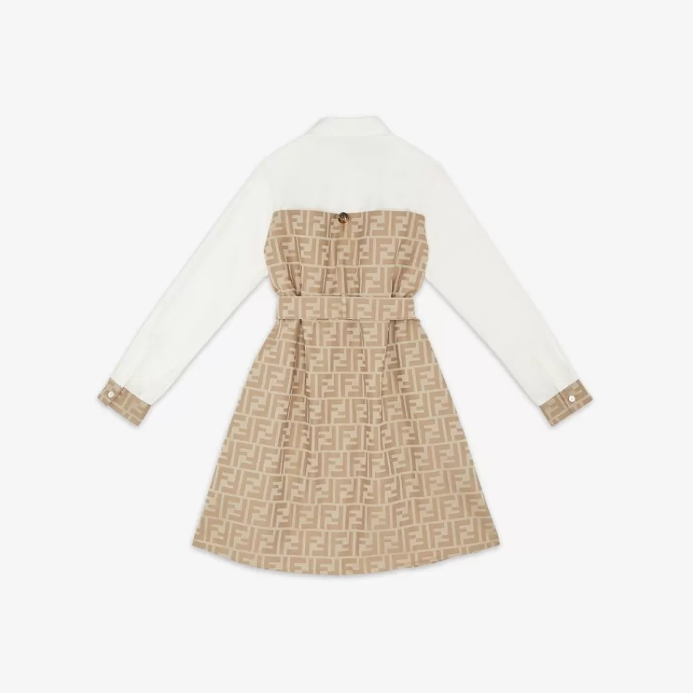 Fendi Ready To Wear<Kleid Aus Weiser Und Beigefarbener Baumwolle Und Popeline Mit Ff-Motiv