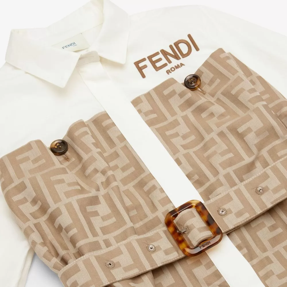 Fendi Ready To Wear<Kleid Aus Weiser Und Beigefarbener Baumwolle Und Popeline Mit Ff-Motiv