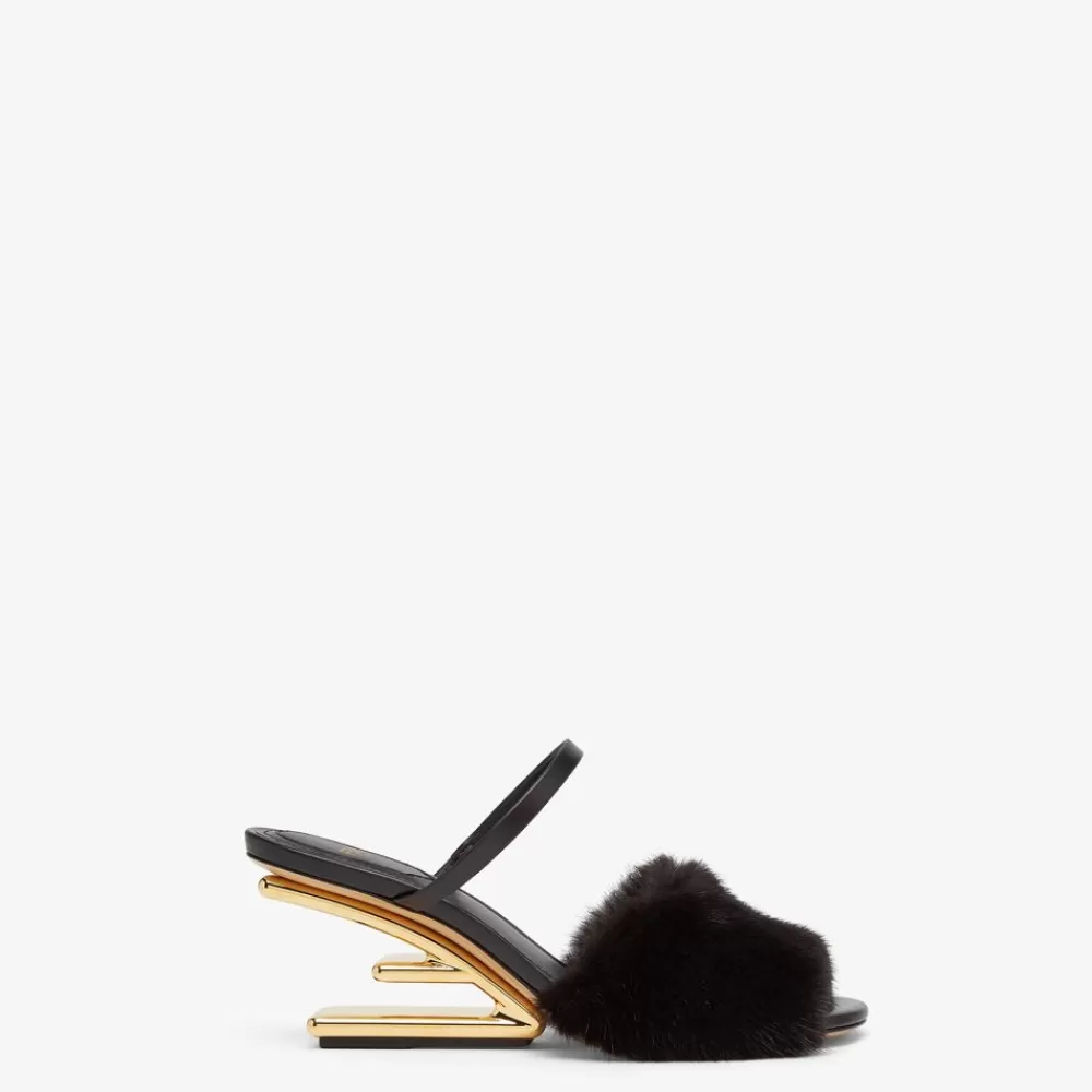 Fendi Pantoletten Und Sandalen<Sandale Mit Mittlerem Absatz Aus Nerzpelz In Schwarz