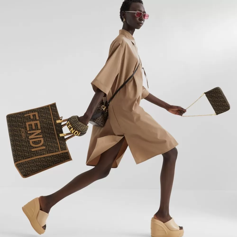 Fendi Timeless<Shopper Tasche Aus Jacquardstoff Mit Ff-Signatur In Braun