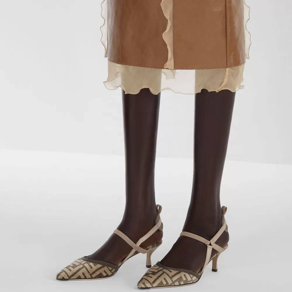 Fendi Pumps Und Slingbacks<Slingback Mit Mittlerem Absatz Aus Chenille In Beige Mit Ff-Signatur