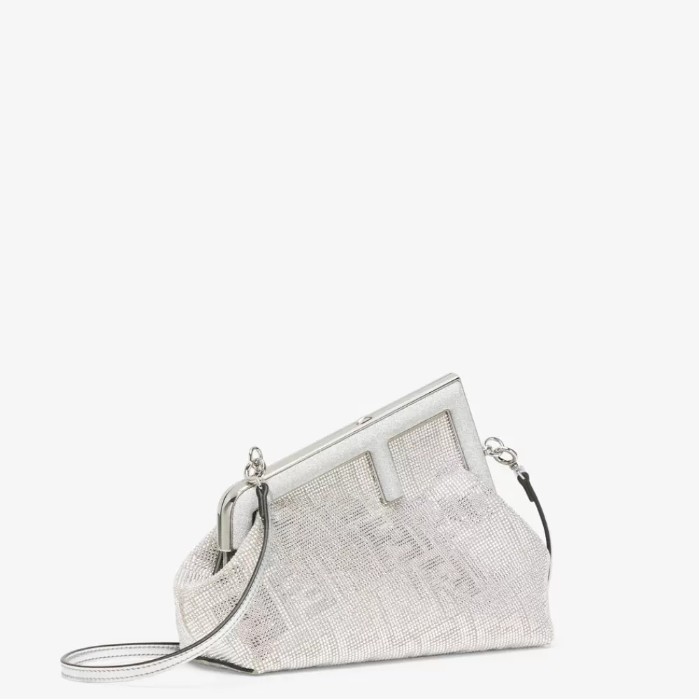 Fendi Clutches & Pochetten<Tasche Aus Leder In Silberfarben Mit Ff-Muster Aus Kristallsteinen